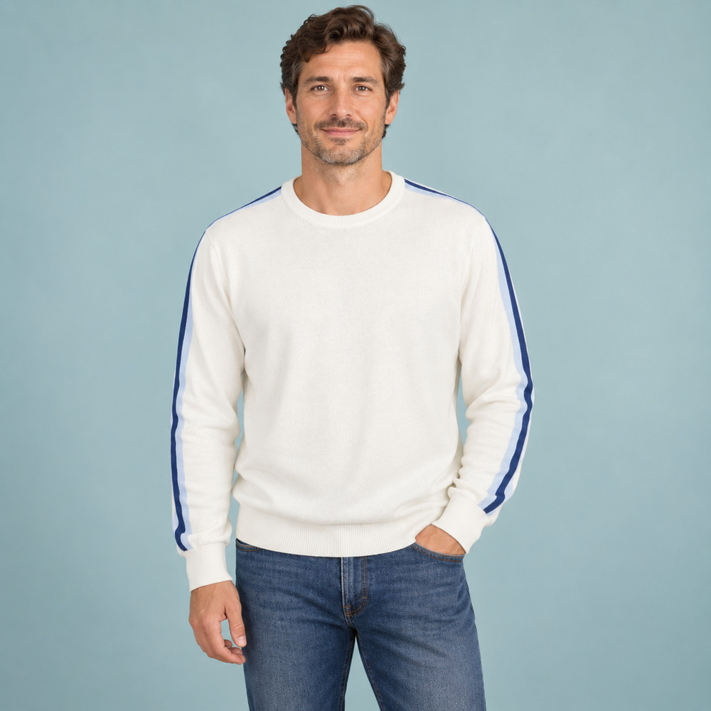 Dunning Large L White Solid Blue Stripe Crew Neck Cotton Merino Wool Sweater